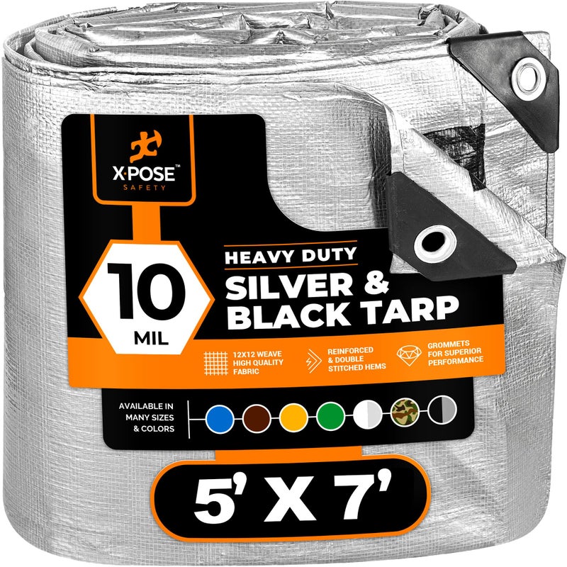xpose safety Heavy Duty Poly Tarp - 5' X 7' -10 Mil Thick Waterproof, UV Blocking Protective Cover - Reversible Silver and Black - Laminated Coating - Grommets - by Xpose Safety - Image 1